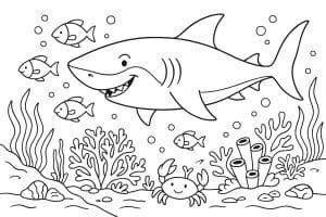 Meerestiere Ausmalbild ab 8 Jahre - Unterwasserwelt mit Haifisch