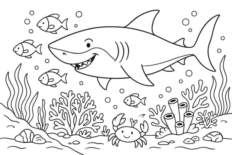 Meerestiere Ausmalbild ab 8 Jahre - Unterwasserwelt mit Haifisch