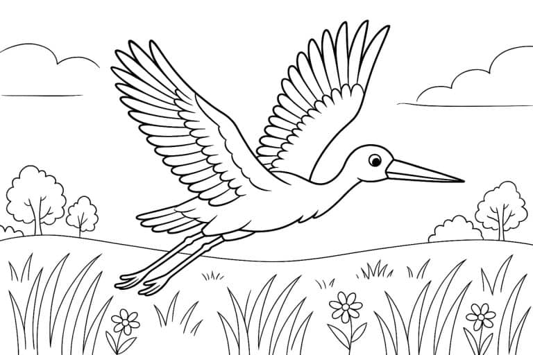 Vögel Ausmalbild ab 8 Jahre - Storch im Flug über Wiesen