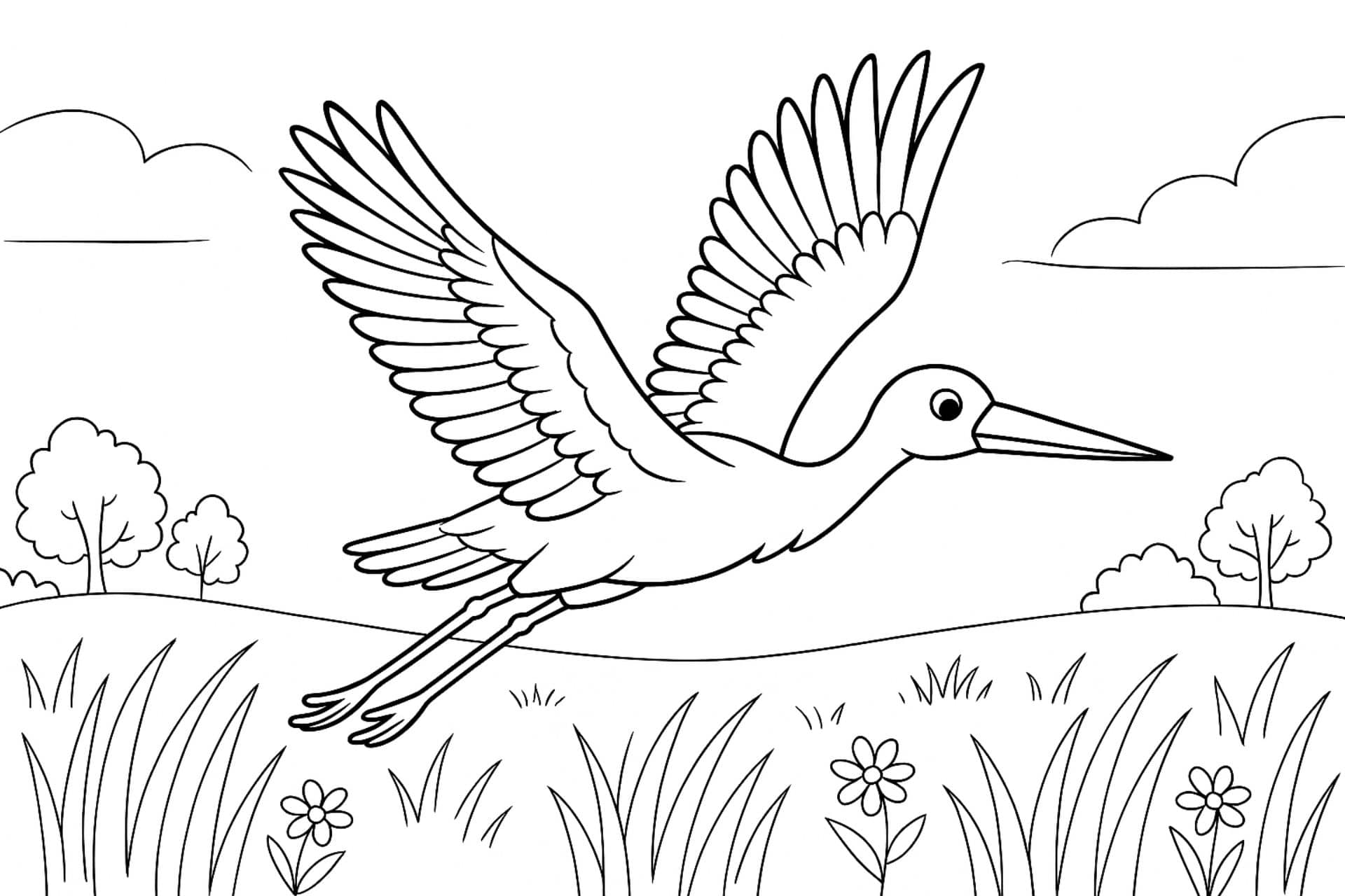 Vögel Ausmalbild ab 8 Jahre - Storch im Flug über Wiesen