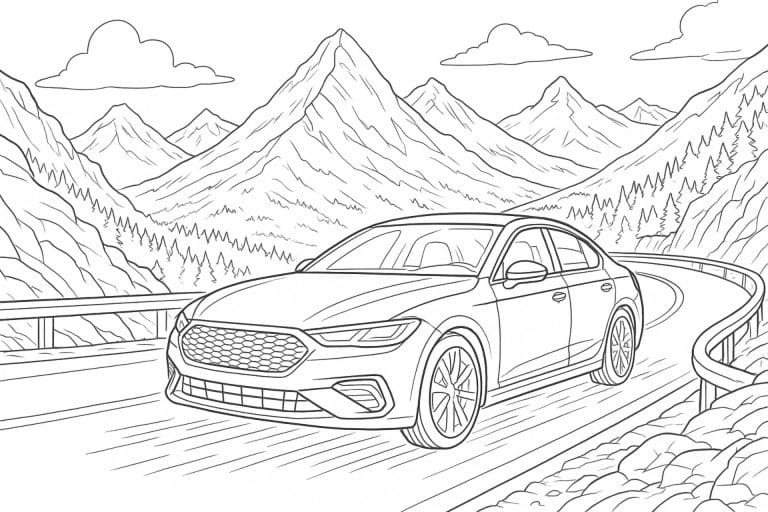 Auto auf Alpenpassstraße – Ausmalbild für Kinder ab 11 Jahren
