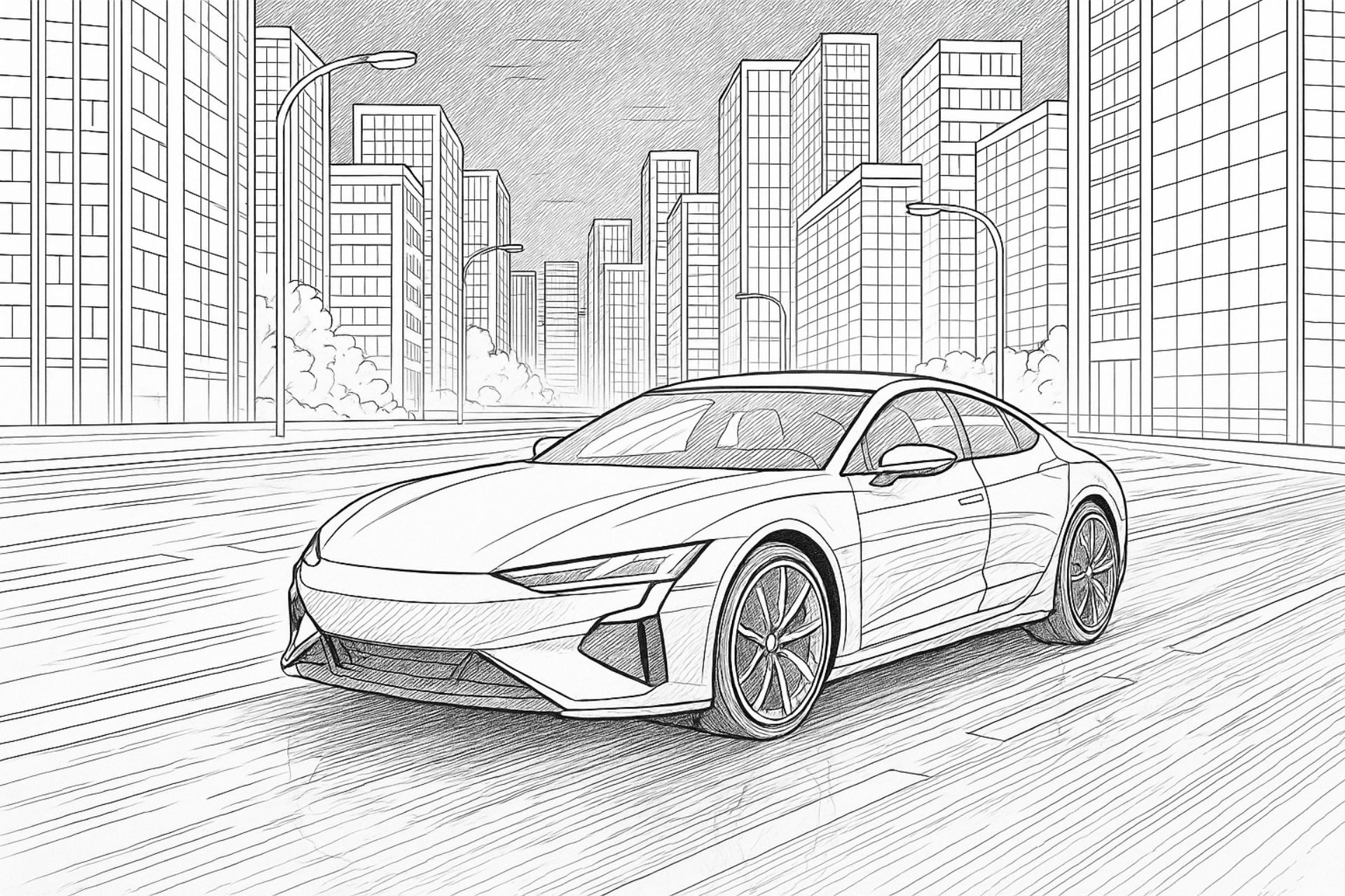 Futuristisches Auto auf nächtlicher Stadtstraße – Ausmalbild für Kinder ab 11 Jahren