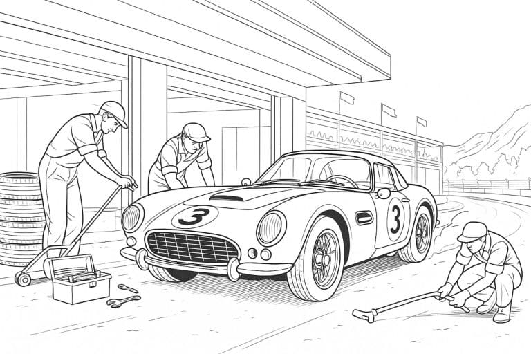 Klassischer Rennwagen in der Boxengasse der 1960er – Ausmalbild für Kinder ab 11 Jahren