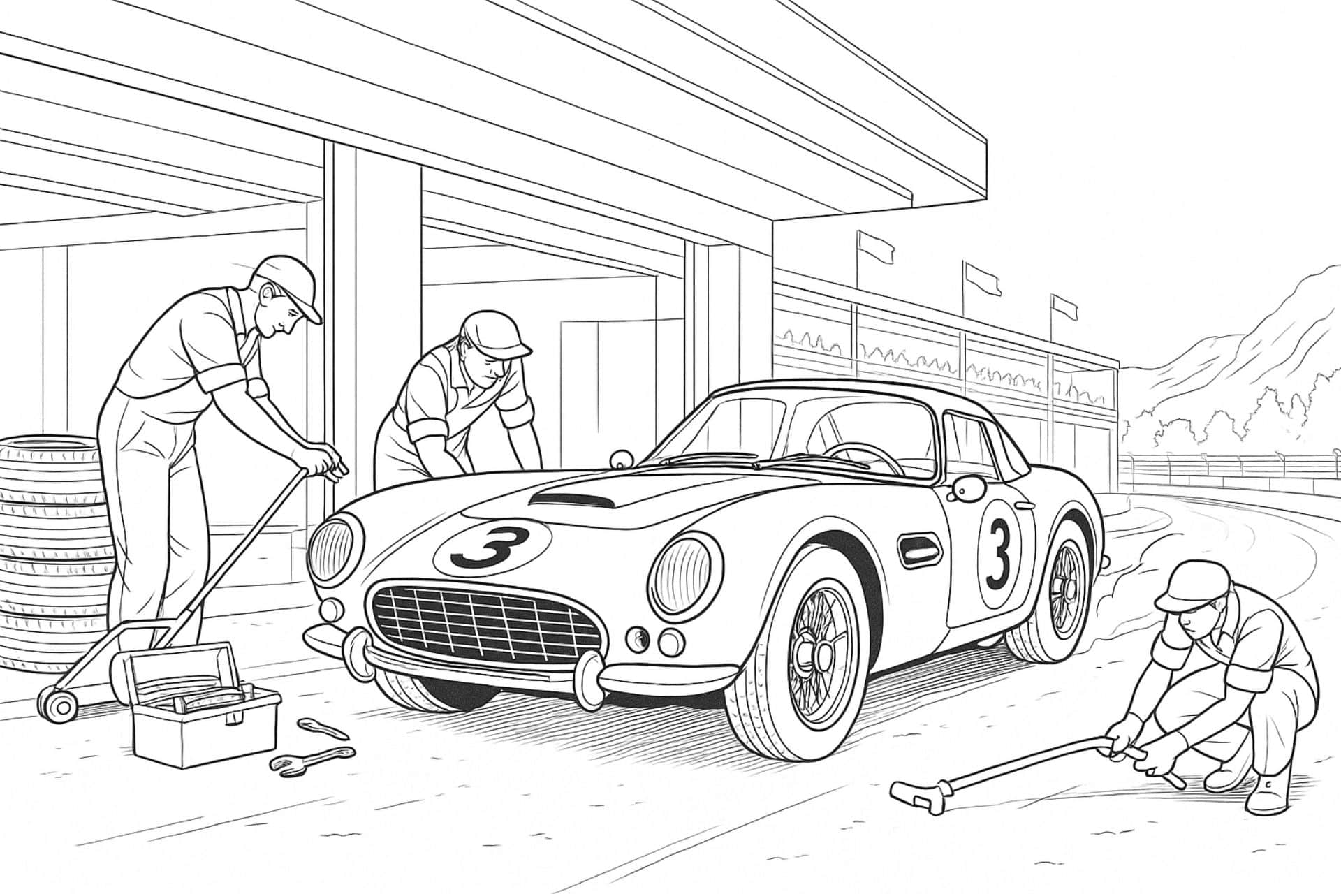 Klassischer Rennwagen in der Boxengasse der 1960er – Ausmalbild für Kinder ab 11 Jahren