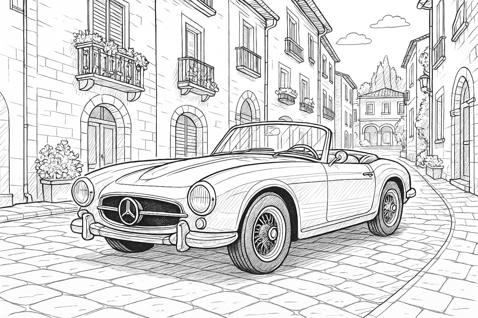 Oldtimer-Cabrio in mediterraner Altstadt – Ausmalbild für Kinder ab 11 Jahren