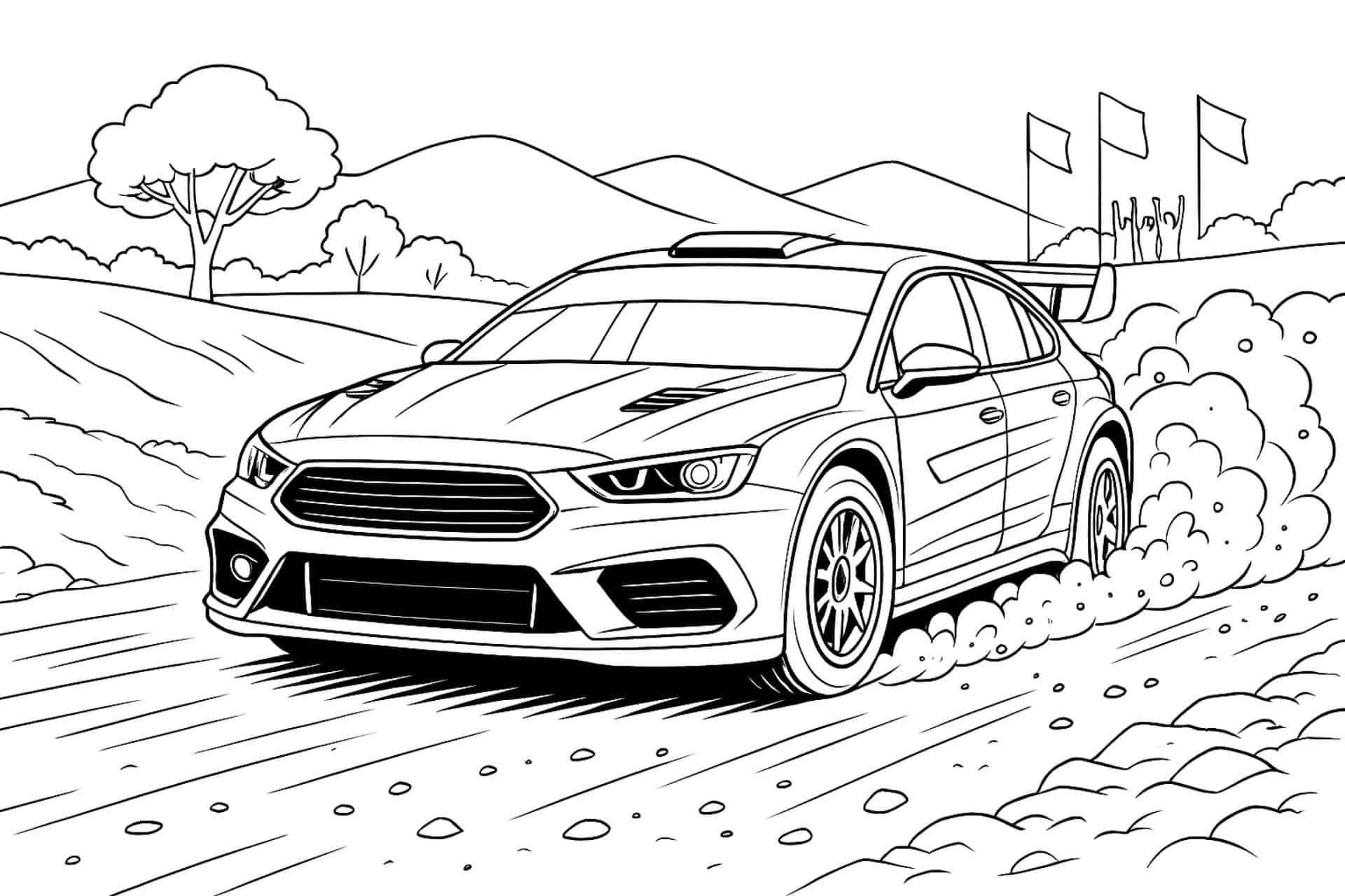 Rallyeauto im Schotterrennen – Ausmalbild für Kinder ab 11 Jahren