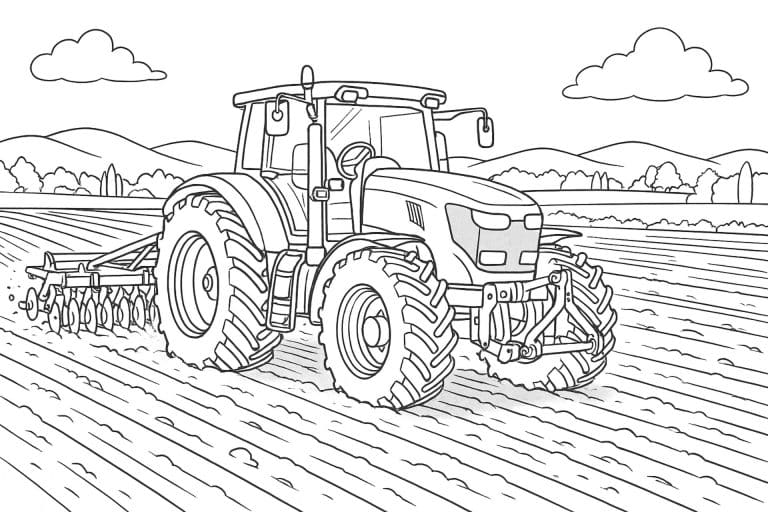 Traktor beim Pflügen auf großem Feld – Ausmalbild für Kinder ab 11 Jahren