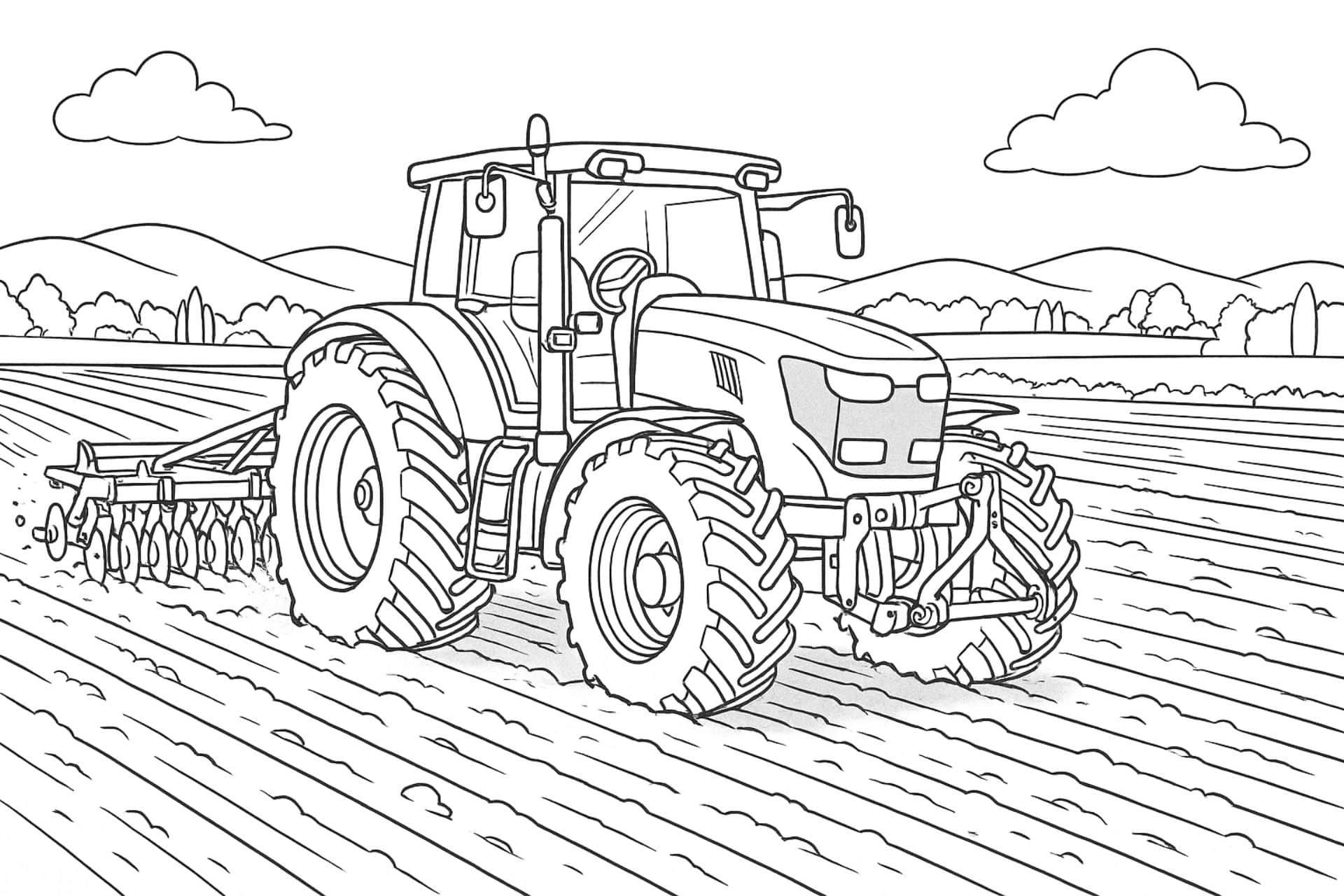 Traktor beim Pflügen auf großem Feld – Ausmalbild für Kinder ab 11 Jahren