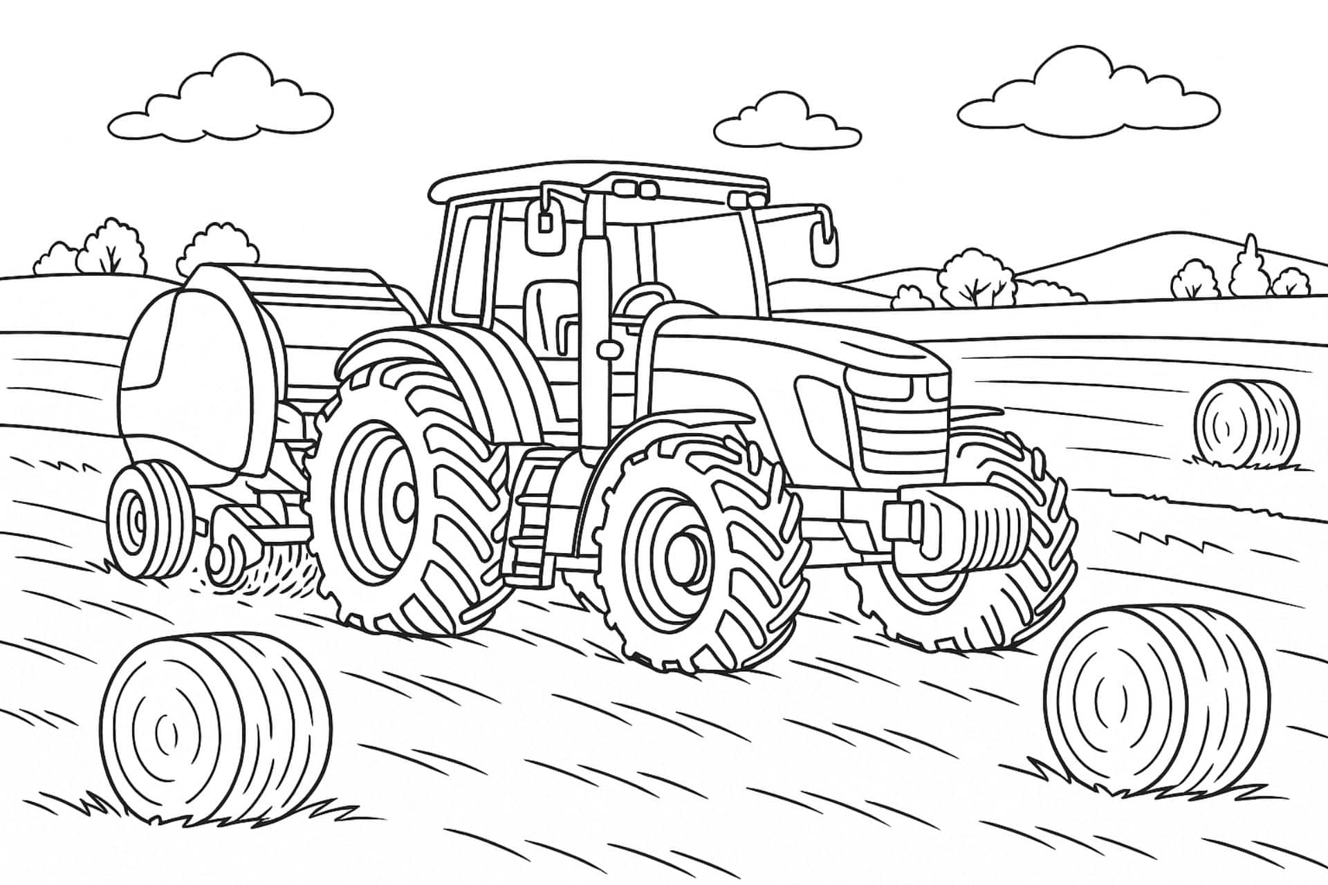 Traktor mit Ballenpresse bei der Ernte – Ausmalbild für Kinder ab 11 Jahren