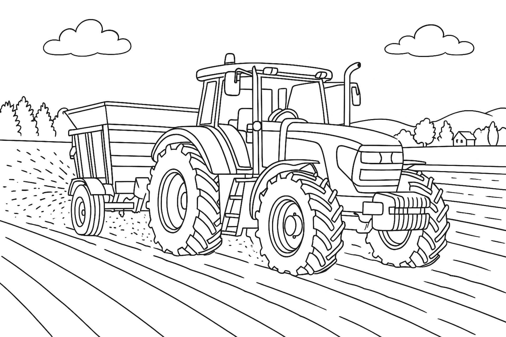 Traktor mit Miststreuer auf dem Feld – Ausmalbild für Kinder ab 11 Jahren
