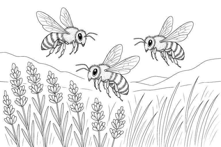 Bienen im Flug über Lavendelblüten – Ausmalbild für Kinder ab 11 Jahren