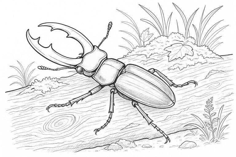 Hirschkäfer auf einem Baumstamm – Ausmalbild für Kinder ab 11 Jahren