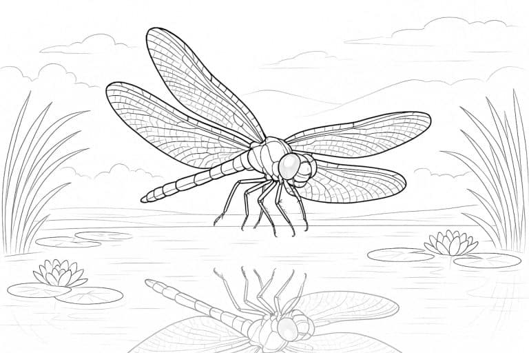 Libelle über einem Teich mit Spiegelung – Ausmalbild für Kinder ab 11 Jahren