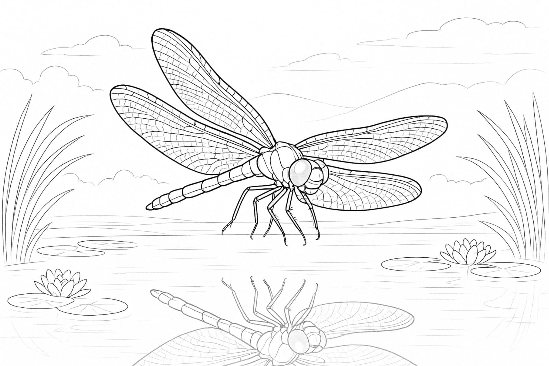 Libelle über einem Teich mit Spiegelung – Ausmalbild für Kinder ab 11 Jahren