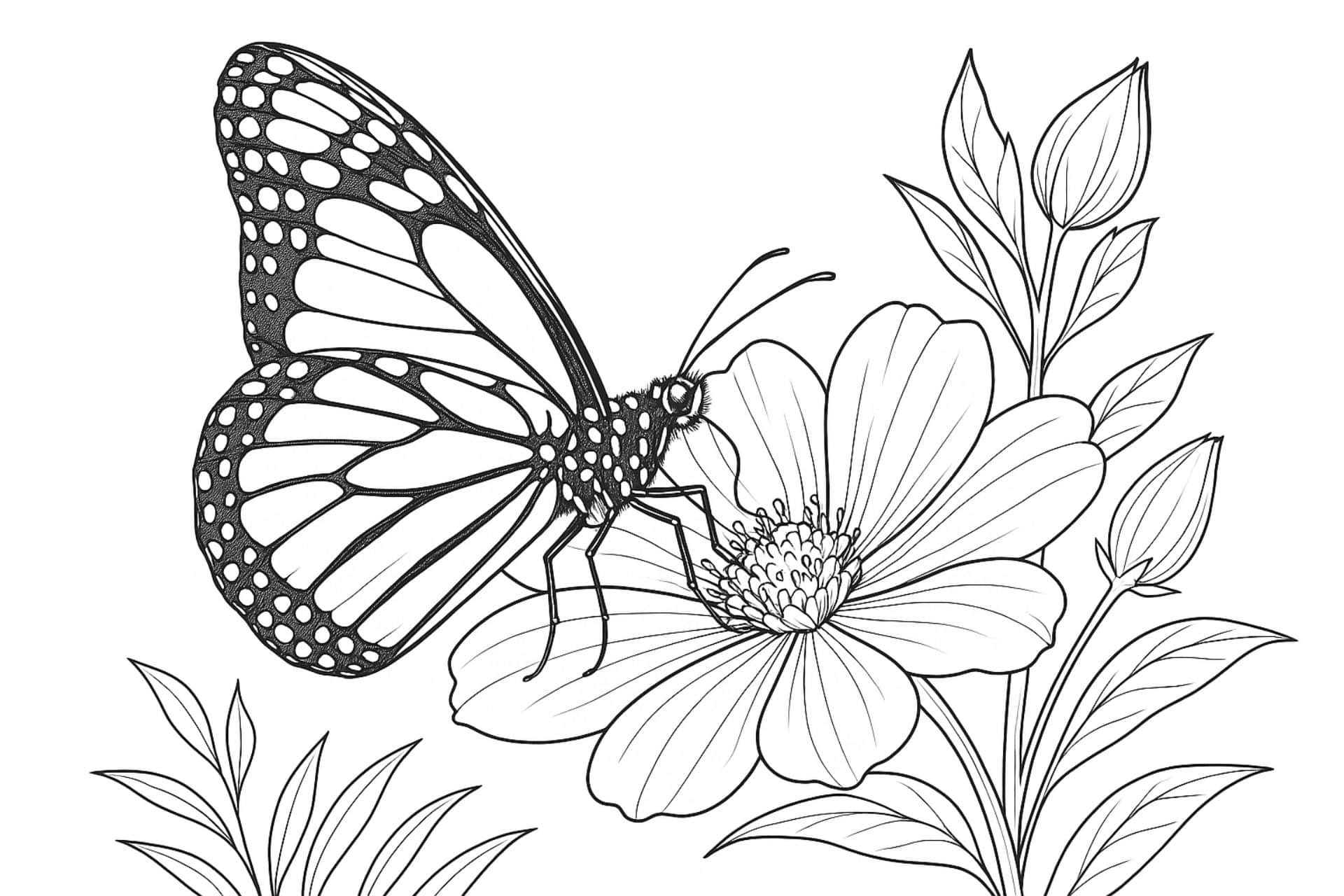 Monarchfalter auf einer Blüte – Ausmalbild für Kinder ab 11 Jahren