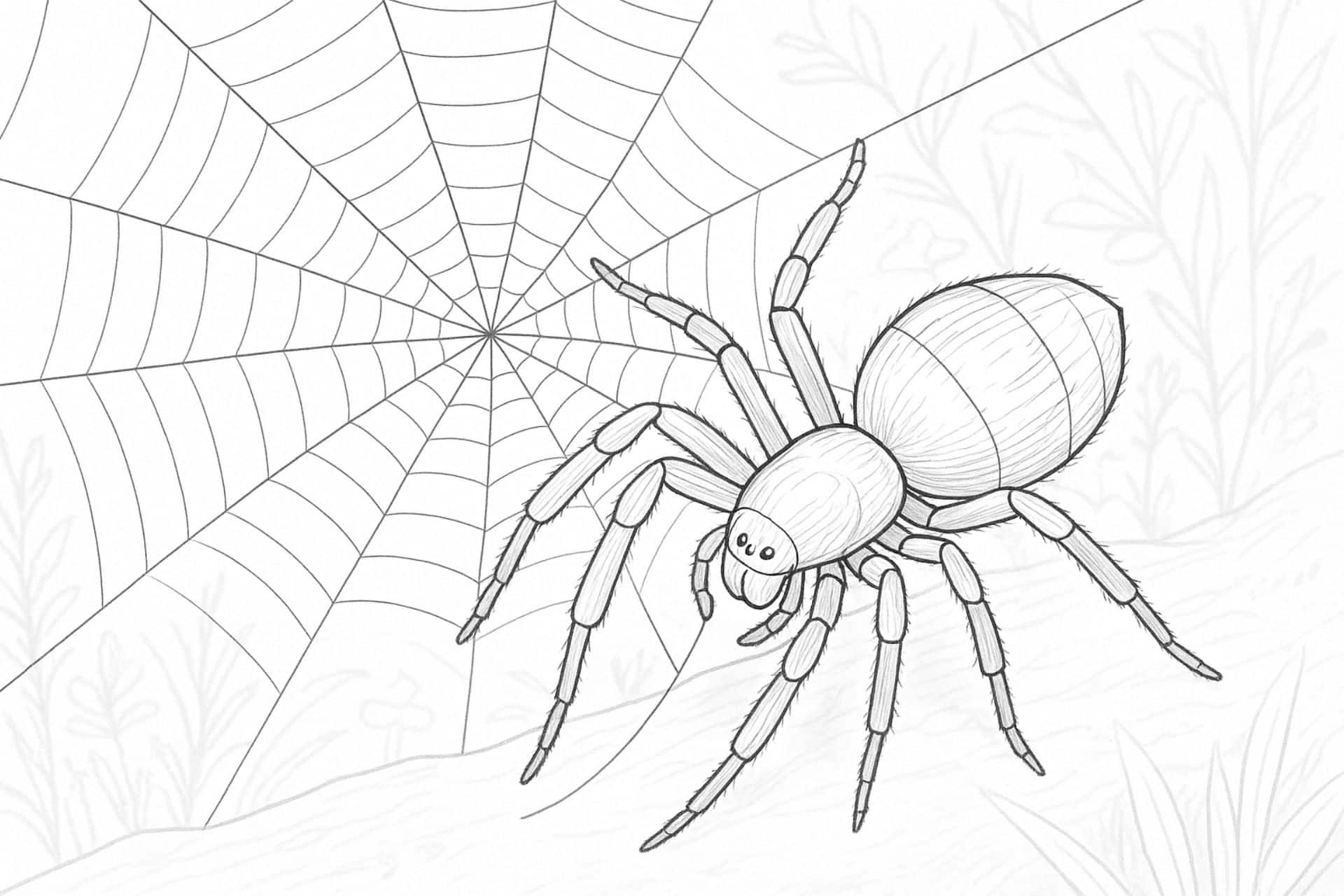 Spinne beim Netzbau – Ausmalbild für Kinder ab 11 Jahren