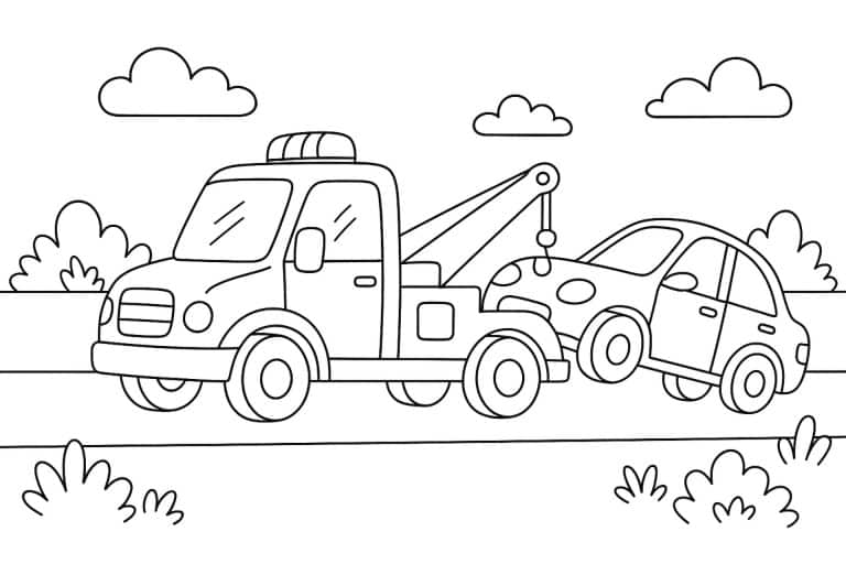 Abschleppwagen hilft auf der Straße – Ausmalbild für Kinder ab 4 Jahren