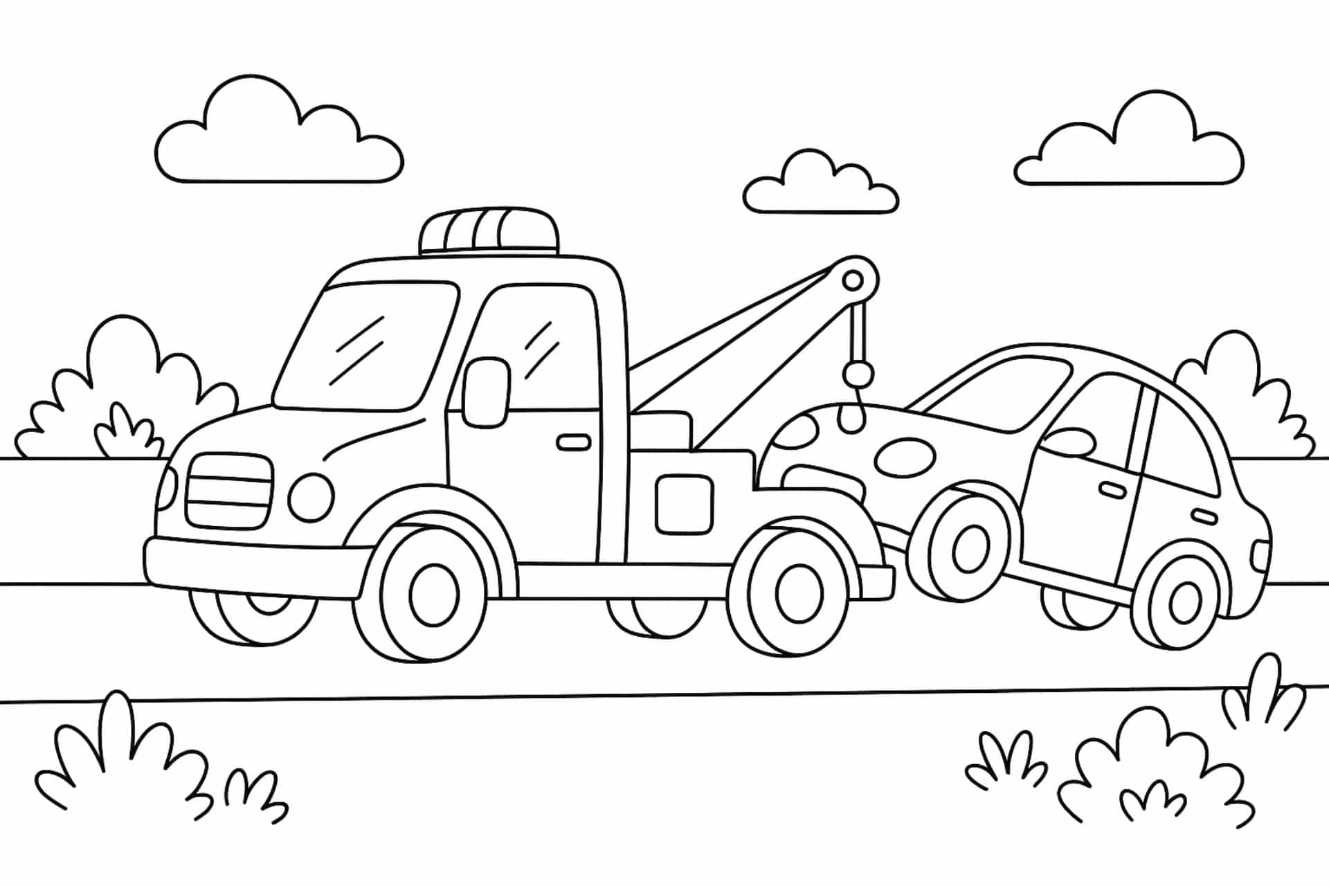 Abschleppwagen hilft auf der Straße – Ausmalbild für Kinder ab 4 Jahren