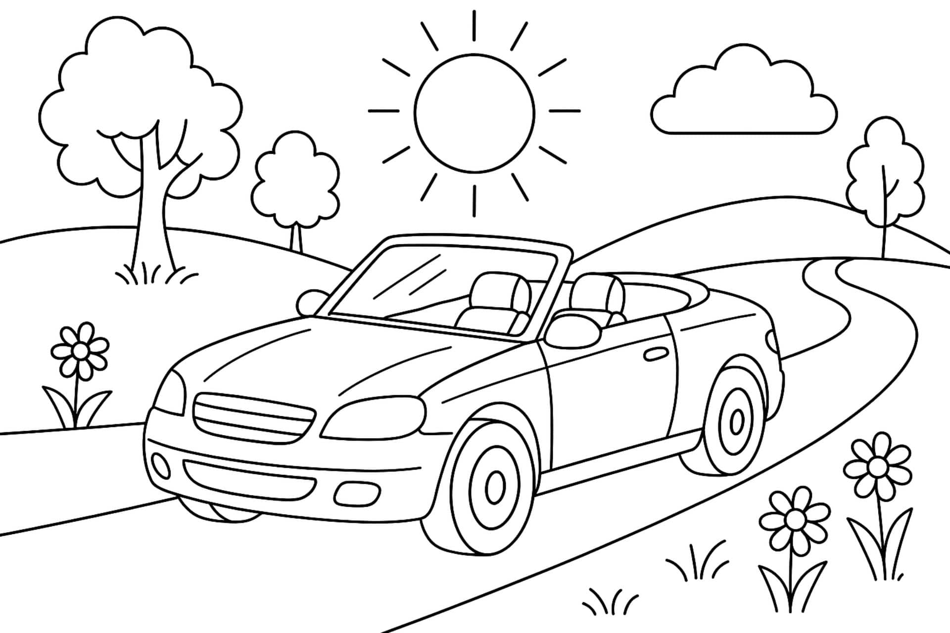 Cabrio fährt durch die Sommerlandschaft – Ausmalbild für Kinder ab 4 Jahren
