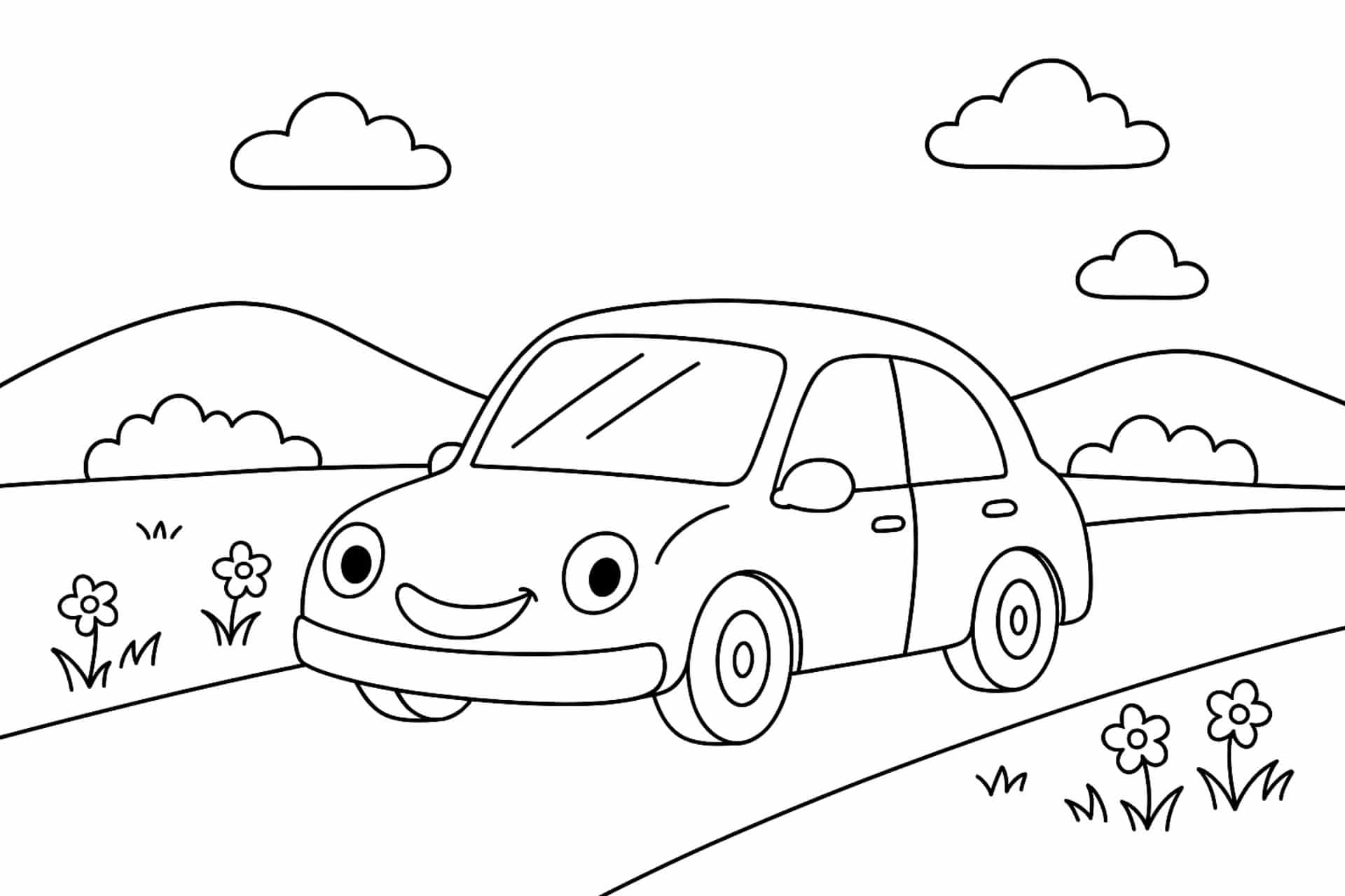 Fröhliches Familienauto auf Landstraße – Ausmalbild für Kinder ab 4 Jahren