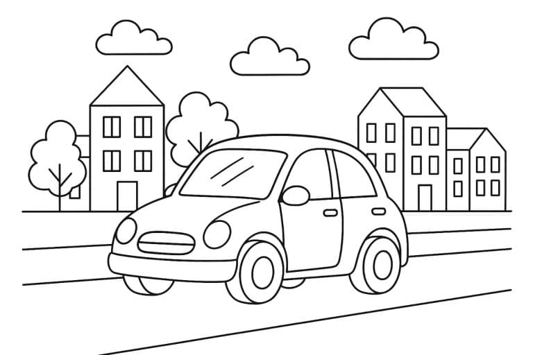 Kleines Auto fährt durch die Stadt – Ausmalbild für Kinder ab 4 Jahren