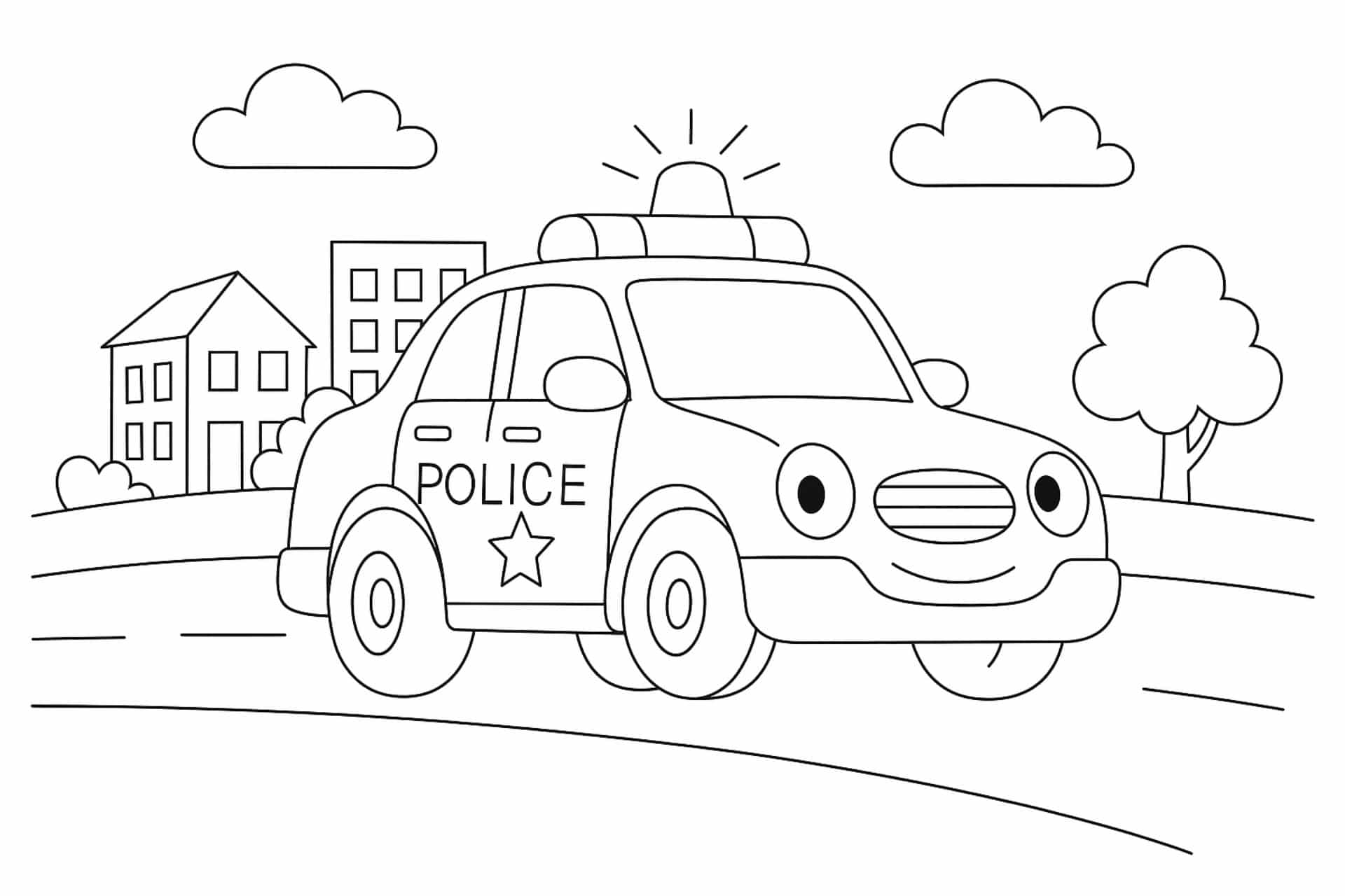 Polizeiauto mit Blaulicht im Einsatz – Ausmalbild für Kinder ab 4 Jahren