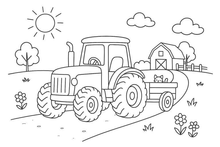 Kleiner Traktor auf dem Bauernhofweg – Ausmalbild für Kinder ab 4 Jahren