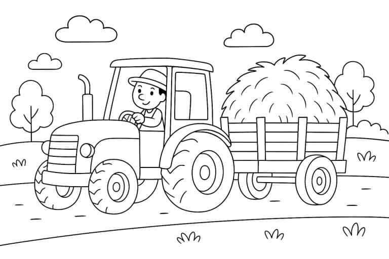 Traktor mit Anhänger voller Heu – Ausmalbild für Kinder ab 4 Jahren