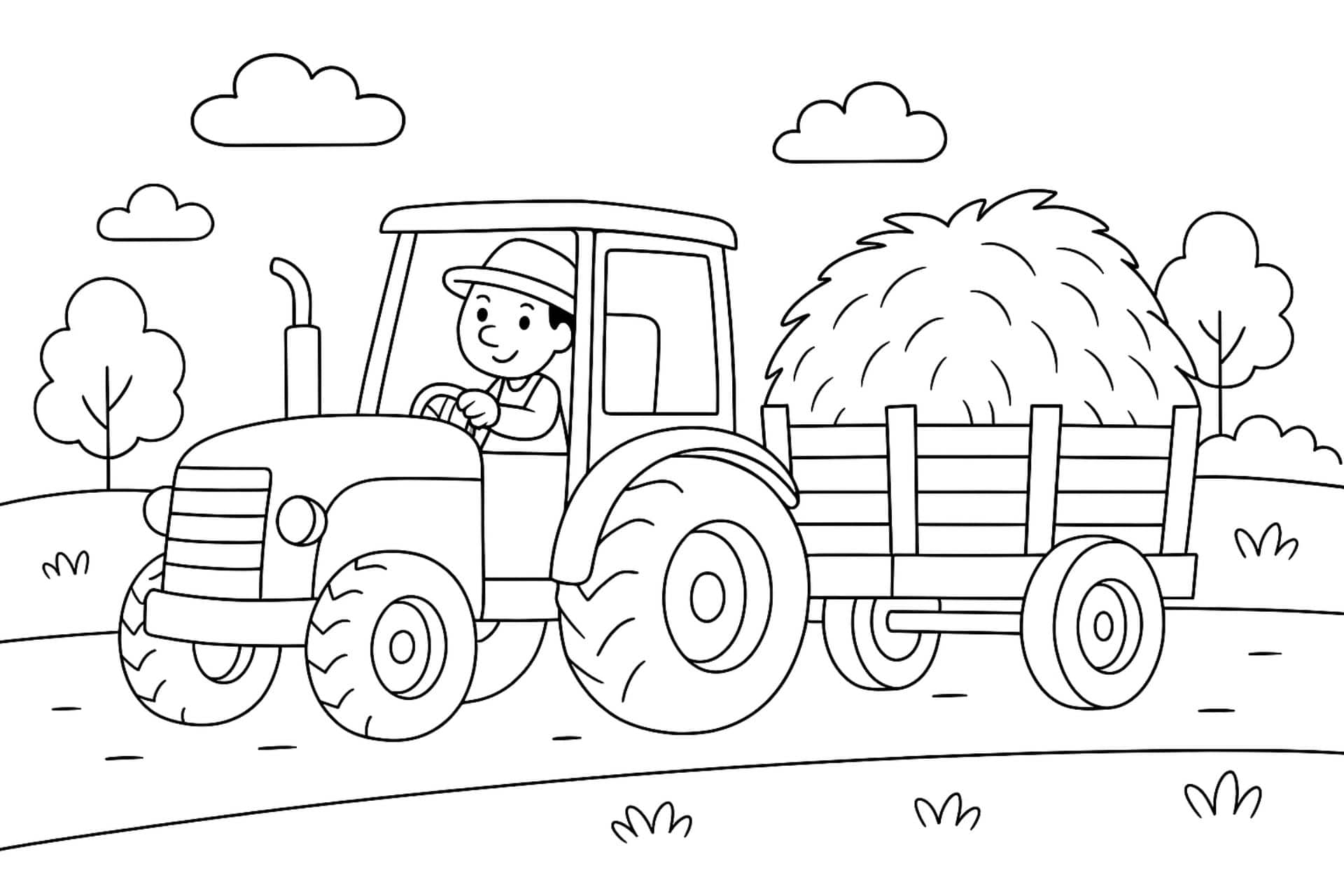 Traktor mit Anhänger voller Heu – Ausmalbild für Kinder ab 4 Jahren
