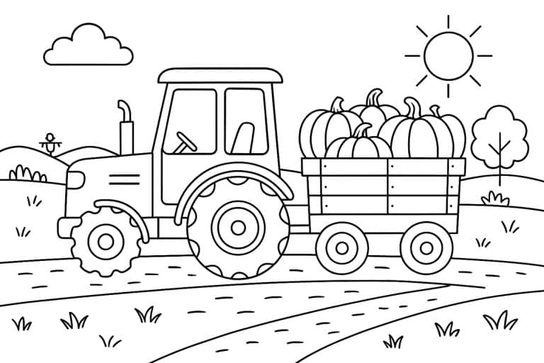 Traktor mit Anhänger voller Kürbisse – Ausmalbild für Kinder ab 4 Jahren