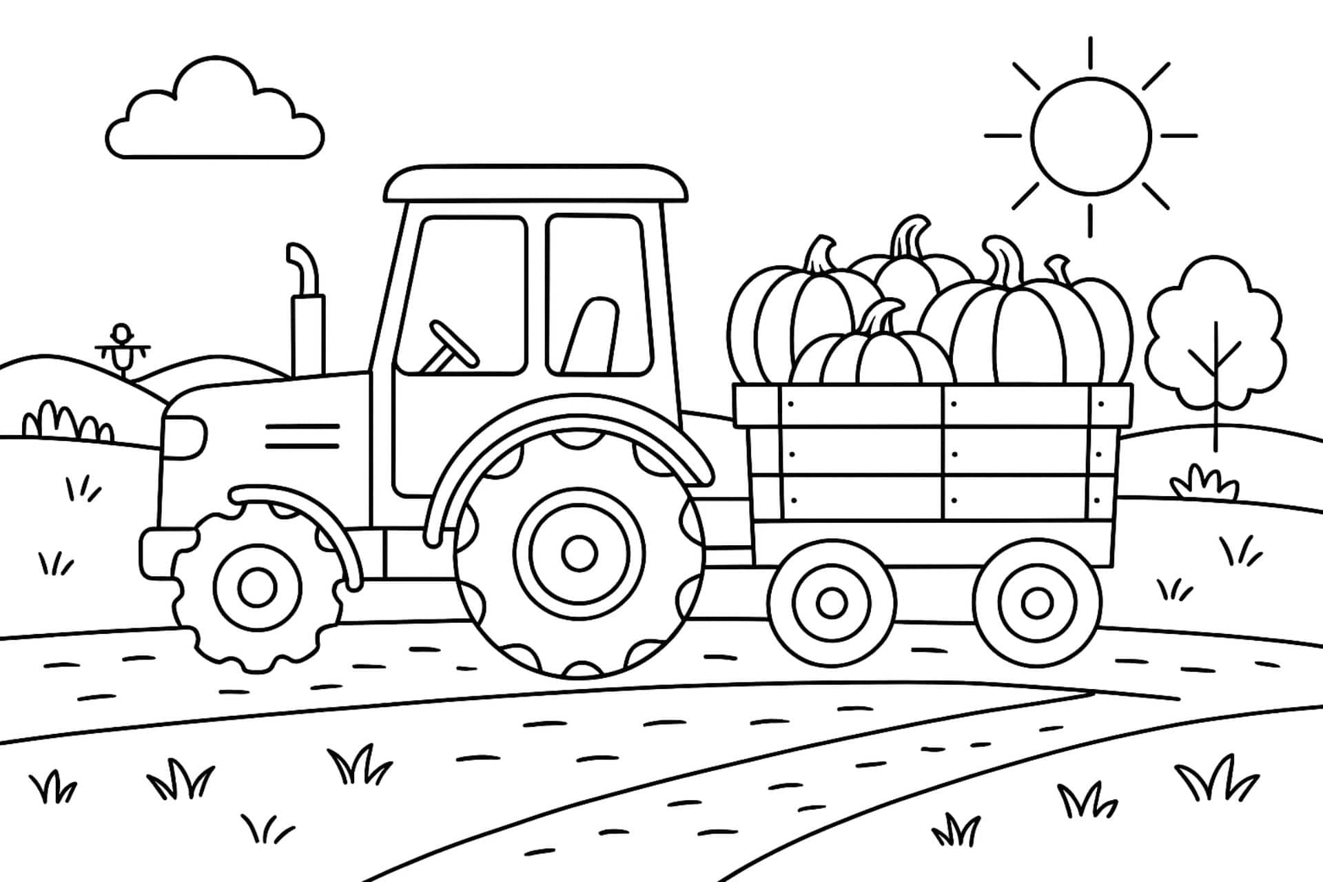 Traktor mit Anhänger voller Kürbisse – Ausmalbild für Kinder ab 4 Jahren