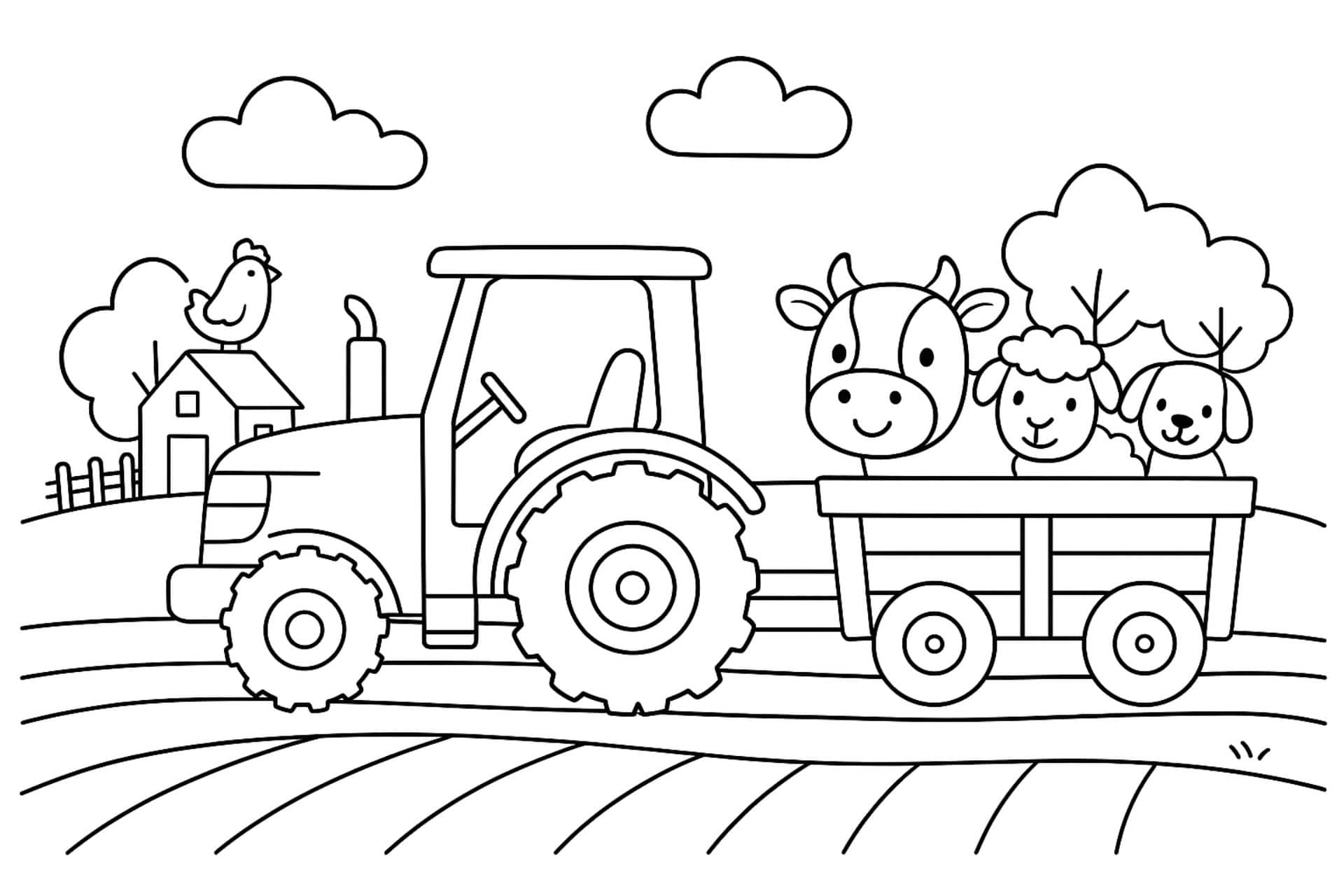 Traktor mit Tierfreunden auf dem Bauernhof – Ausmalbild für Kinder ab 4 Jahren