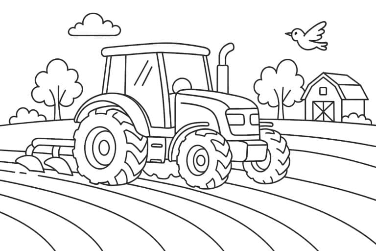 Traktor pflügt das Feld – Ausmalbild für Kinder ab 4 Jahren