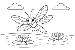 Insekten Ausmalbild ab 4 Jahre - Libelle über einem Teich