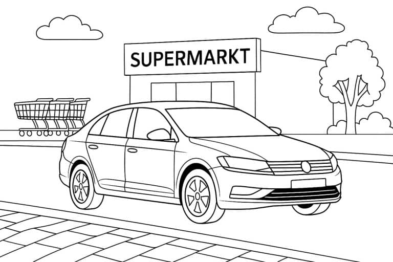 Familienauto vor dem Supermarkt – Ausmalbild für Kinder ab 6 Jahren