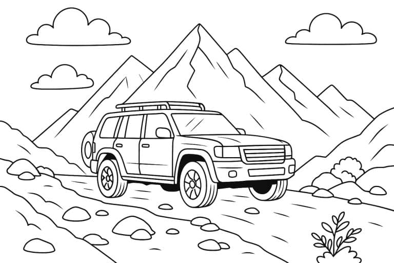 Geländewagen im Gebirge – Ausmalbild für Kinder ab 6 Jahren