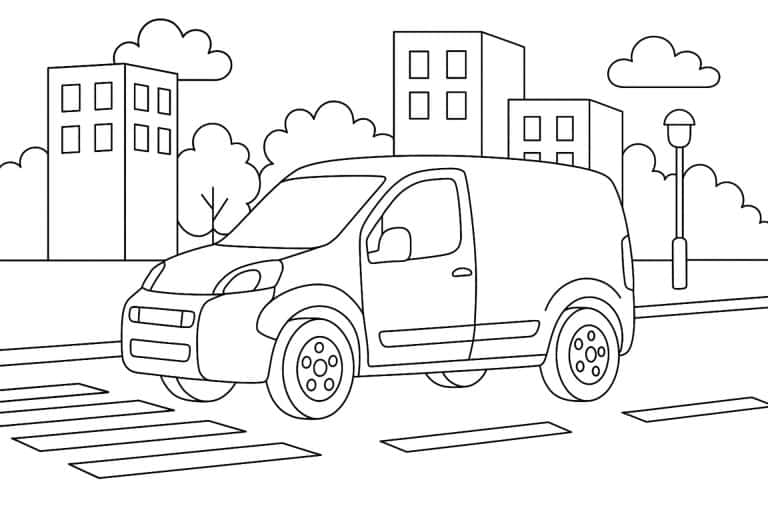 Kleiner Lieferwagen in der Stadt – Ausmalbild für Kinder ab 6 Jahren