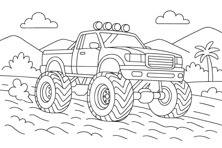 Monstertruck auf der Offroad-Strecke – Ausmalbild für Kinder ab 6 Jahren