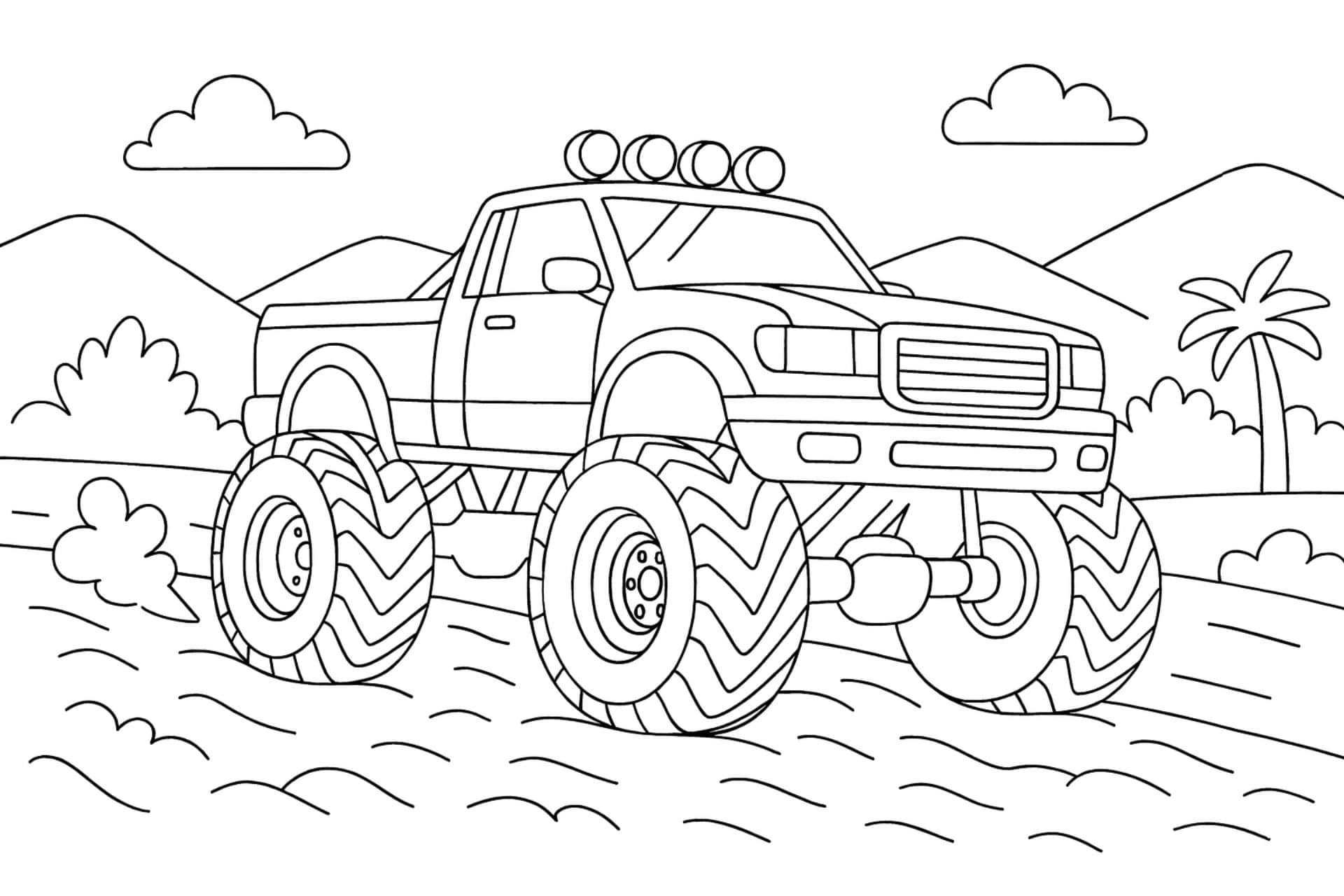Monstertruck auf der Offroad-Strecke – Ausmalbild für Kinder ab 6 Jahren