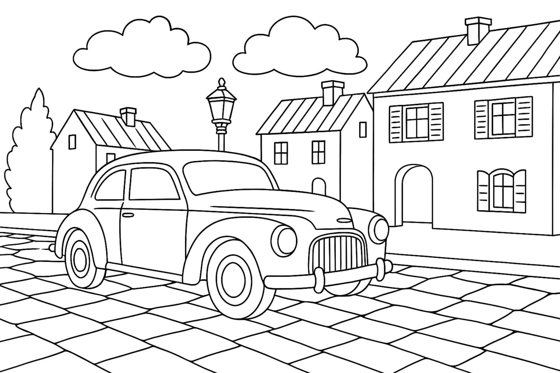 Oldtimer auf Kopfsteinpflasterstraße – Ausmalbild für Kinder ab 6 Jahren