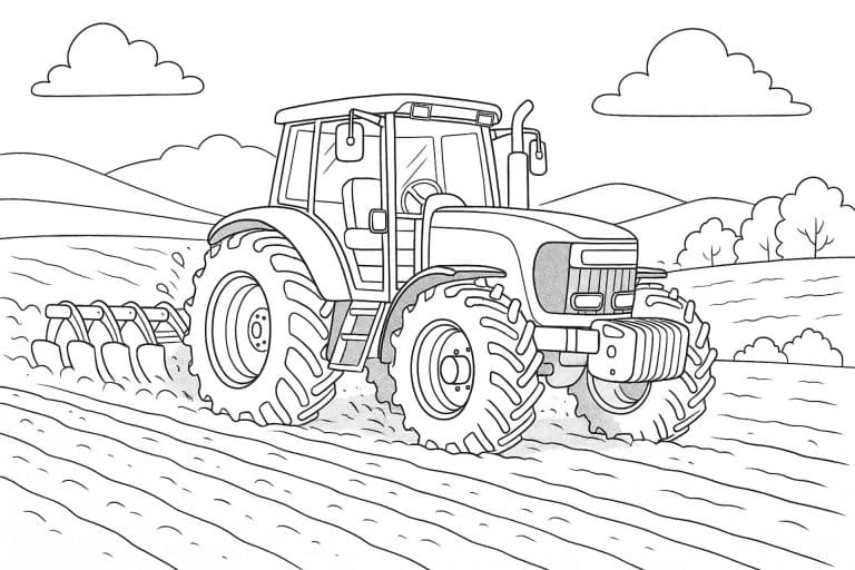 Großer Traktor mit Pflug auf dem Acker – Ausmalbild für Kinder ab 6 Jahren