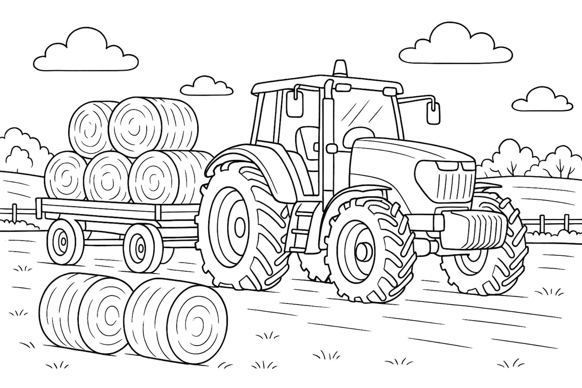 Traktor beim Heuballen-Transport – Ausmalbild für Kinder ab 6 Jahren