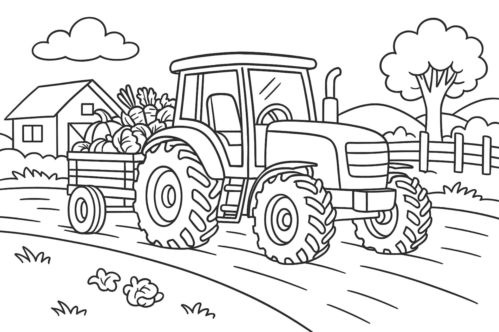 Traktor mit Anhänger voller Gemüse – Ausmalbild für Kinder ab 6 Jahren