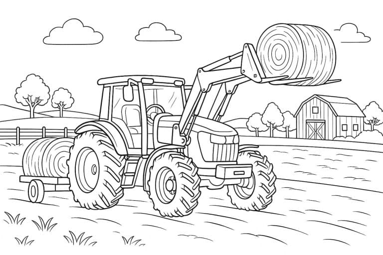 Traktor mit Frontlader hebt Strohballen – Ausmalbild für Kinder ab 6 Jahren