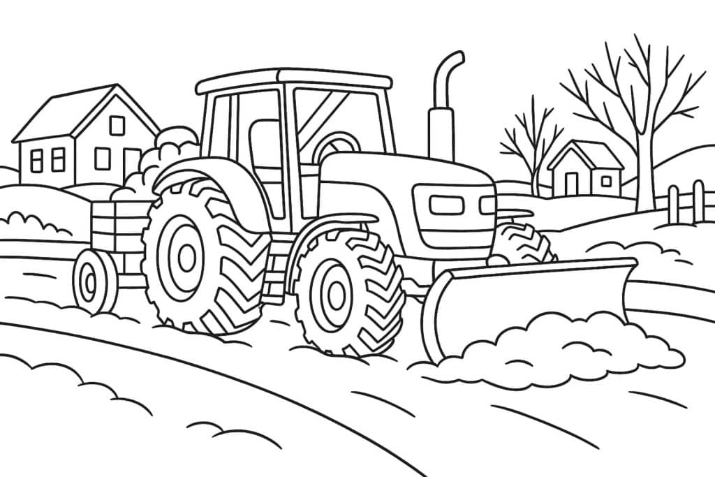 Traktor mit Schneeschaufel im Winter – Ausmalbild für Kinder ab 6 Jahren
