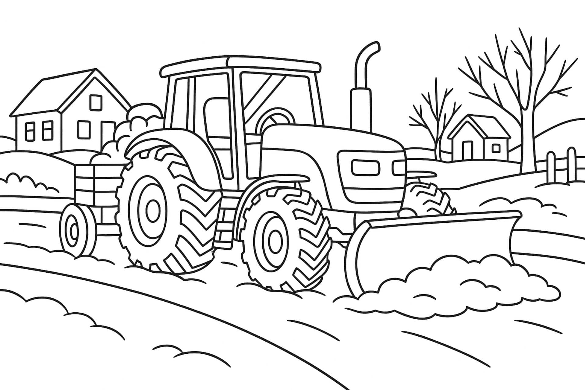 Traktor mit Schneeschaufel im Winter – Ausmalbild für Kinder ab 6 Jahren