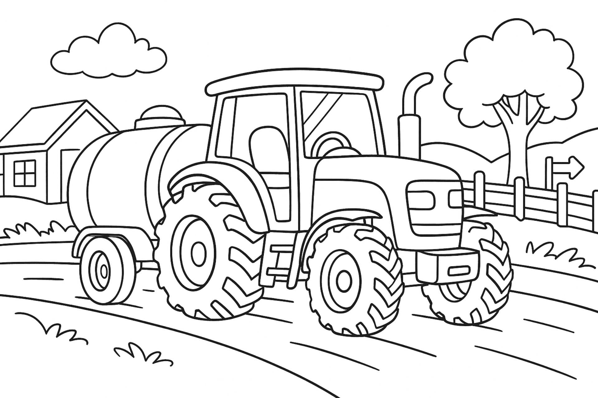 Traktor mit Wassertank auf dem Landweg – Ausmalbild für Kinder ab 6 Jahren