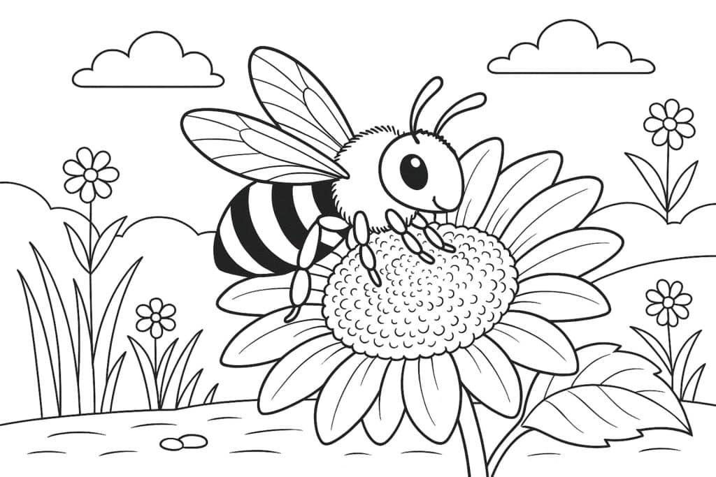 Insekten Ausmalbild ab 6 Jahre - Biene auf einer Sonnenblume