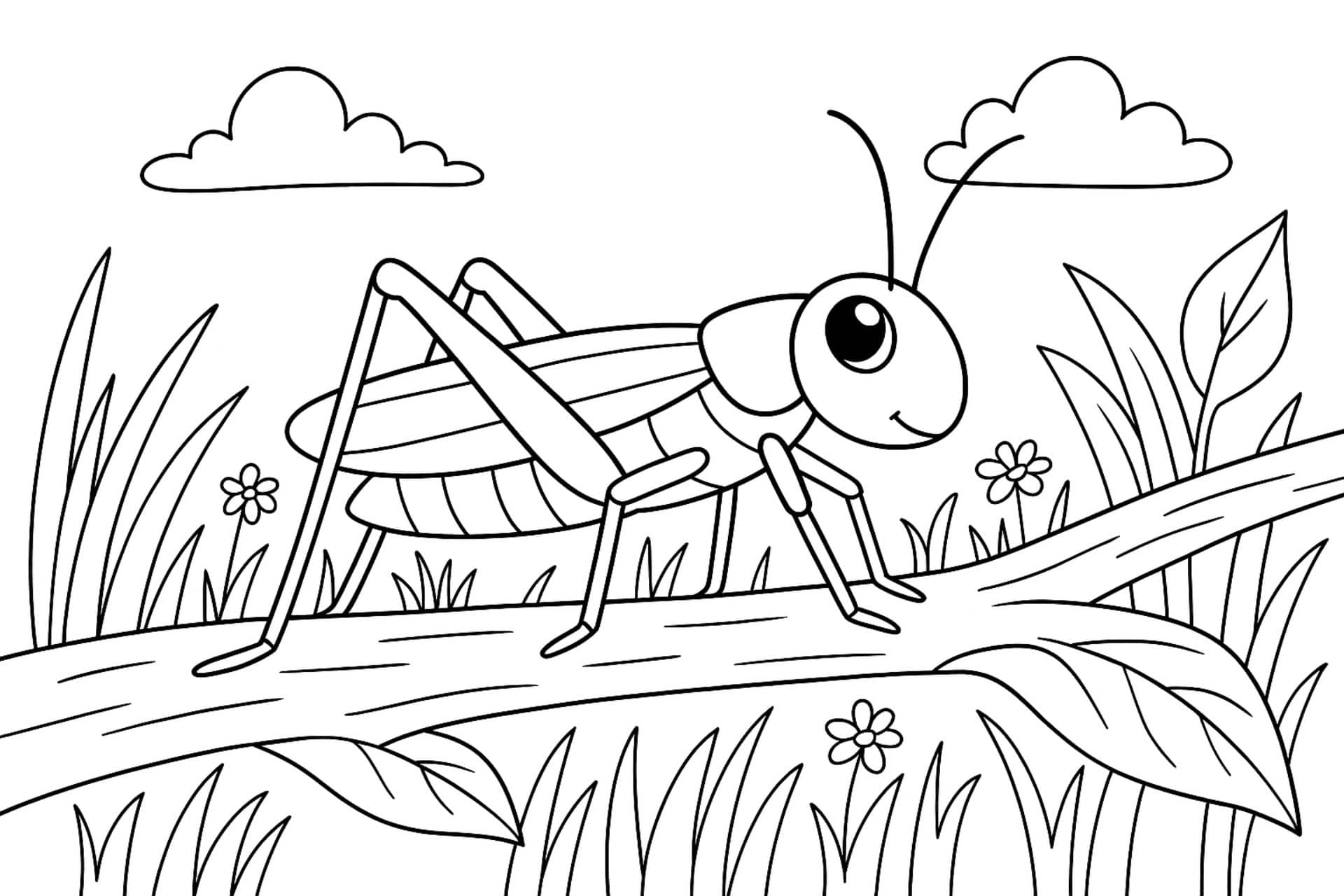 Grashüpfer auf einem Ast – Ausmalbild für Kinder ab 6 Jahren