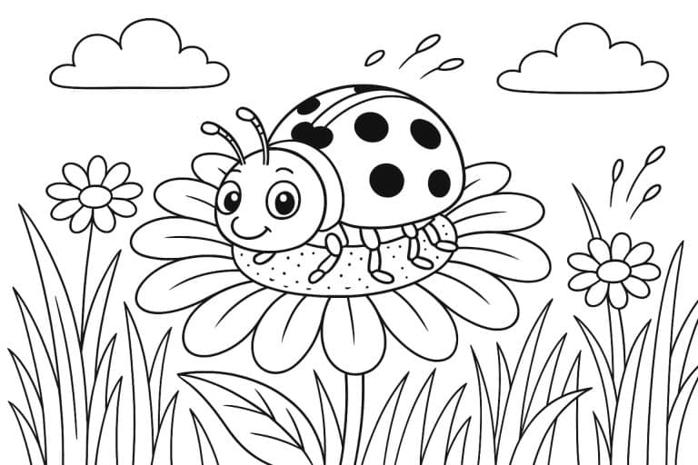 Insekten Ausmalbild ab 6 Jahre - Marienkäfer auf einem Gänseblümchen